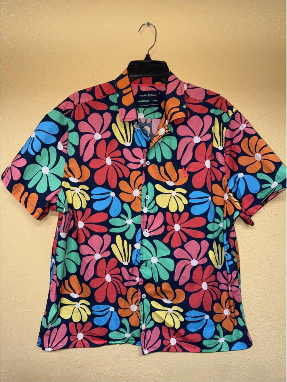 Psycho Bunny Men's All Over Floral Colorful Print Button-Up Shirt, Size XL